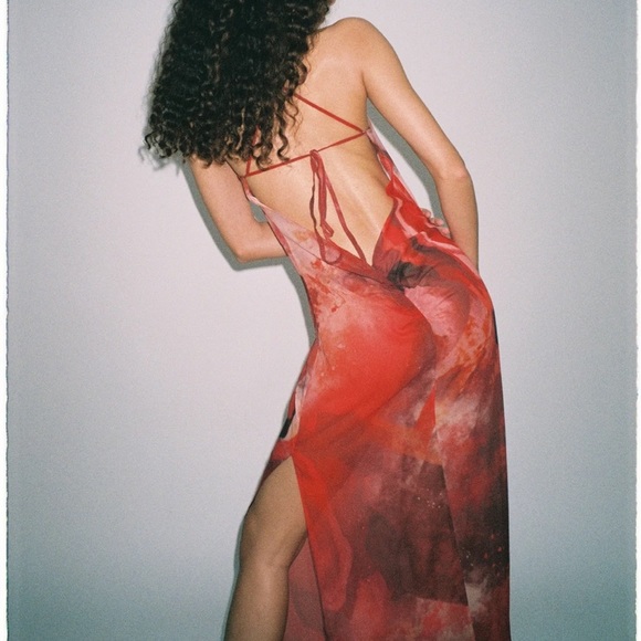 BRAND NEW RED FLORAL CHIFFON GOWN KIM SHUI - Picture 2 of 2